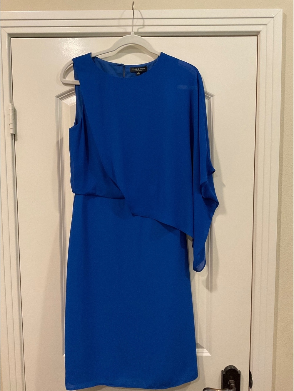 Halston Heritage Cobalt Blue Asymmetric Chiffon Cape Overlay Dress Sheath Size 2
